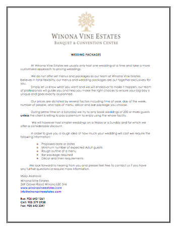Winona Vine Estates Menu